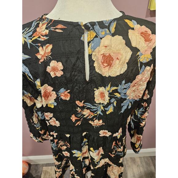 Zara medium long puff sleeve tiered black floral mini swing dress - Picture 2 of 7
